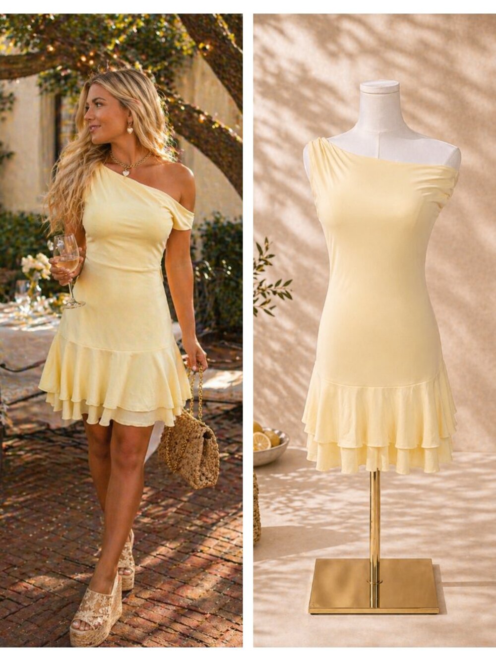 New Lemon Sorbet One-Shoulder Ruffle Mini Dress